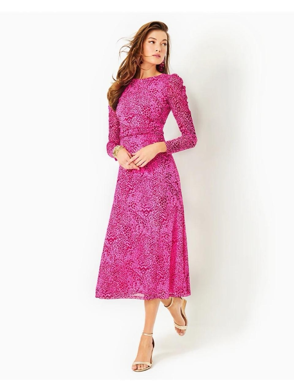 Lilly Pulitzer Preslie Long Sleeve Midi Dress Cerise Pink Pattern Play SZ XS
